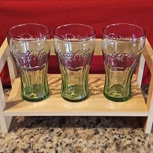 Coca-Cola Set of 3 Light Green Vintage Embossed and Ribbed 16oz Glass Tumblers.